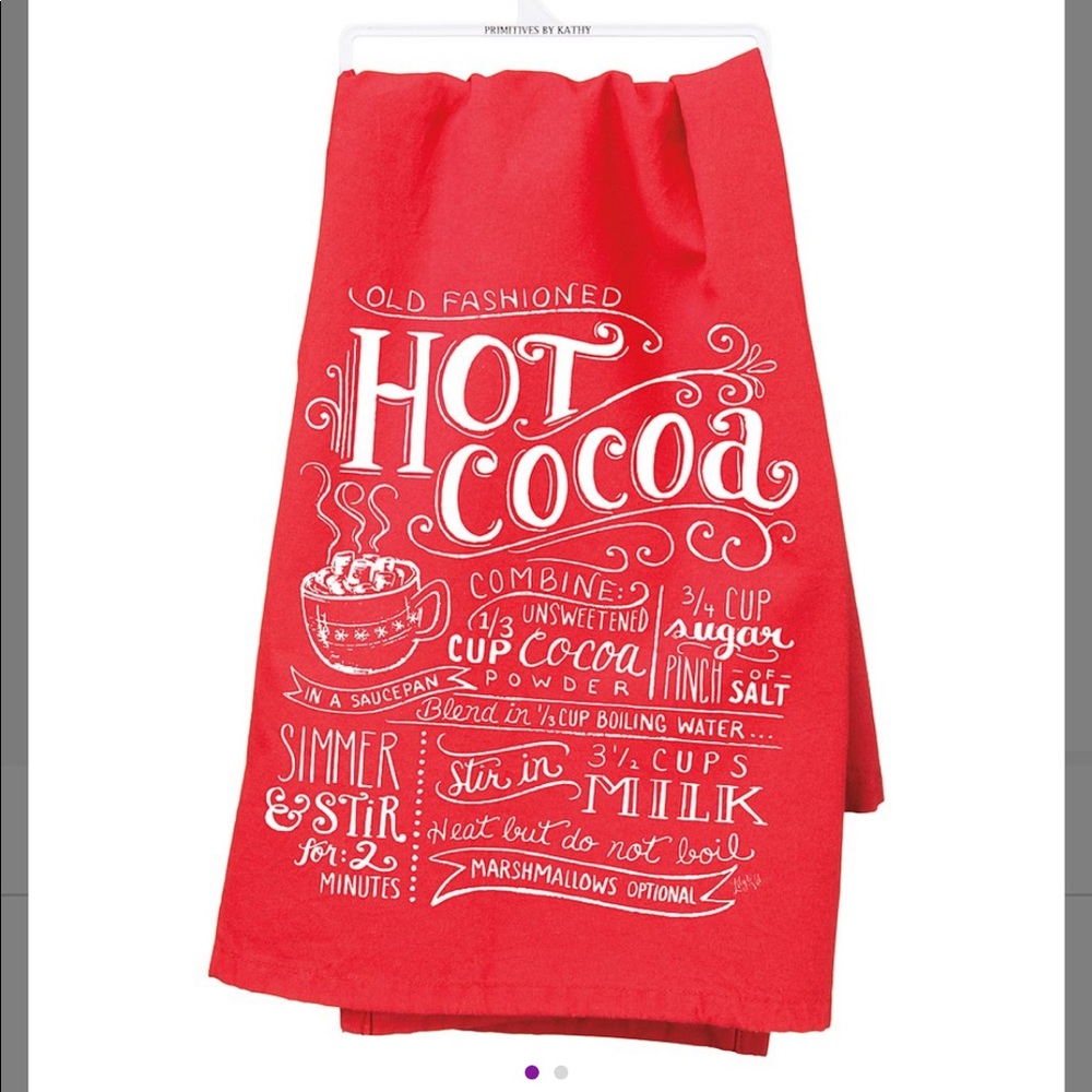 Primitives by Kathy-Red "Hot Cocoa" Dish Towel-Red linen w/white script. NWT